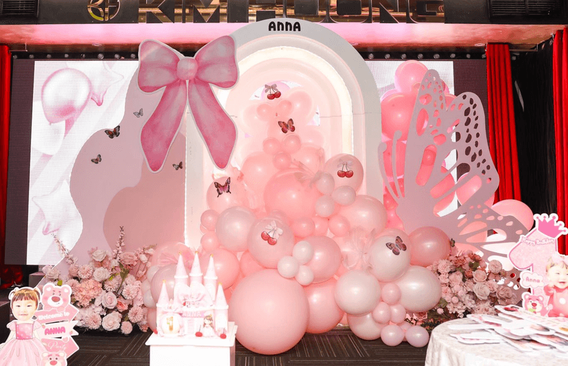 Pink princess butterfly birthday girl setup