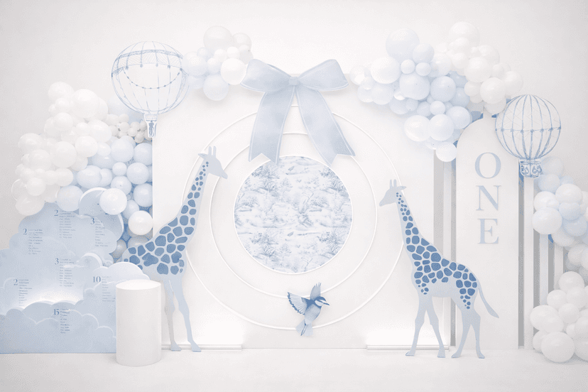 1 year old birthday setup in blue animal theme