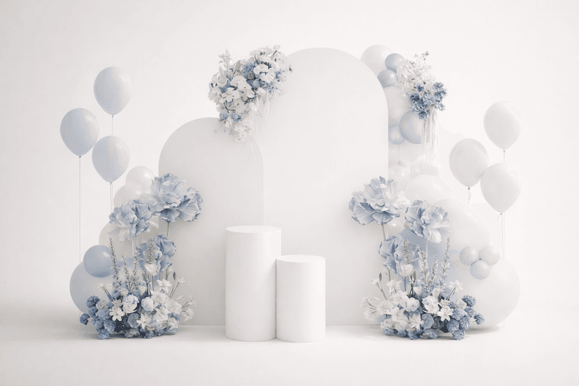 Blue dreamy birthday with giant flowers