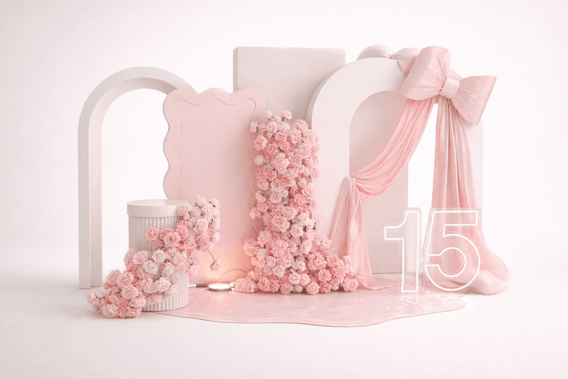 Pink birthday decoration with flowers and bow